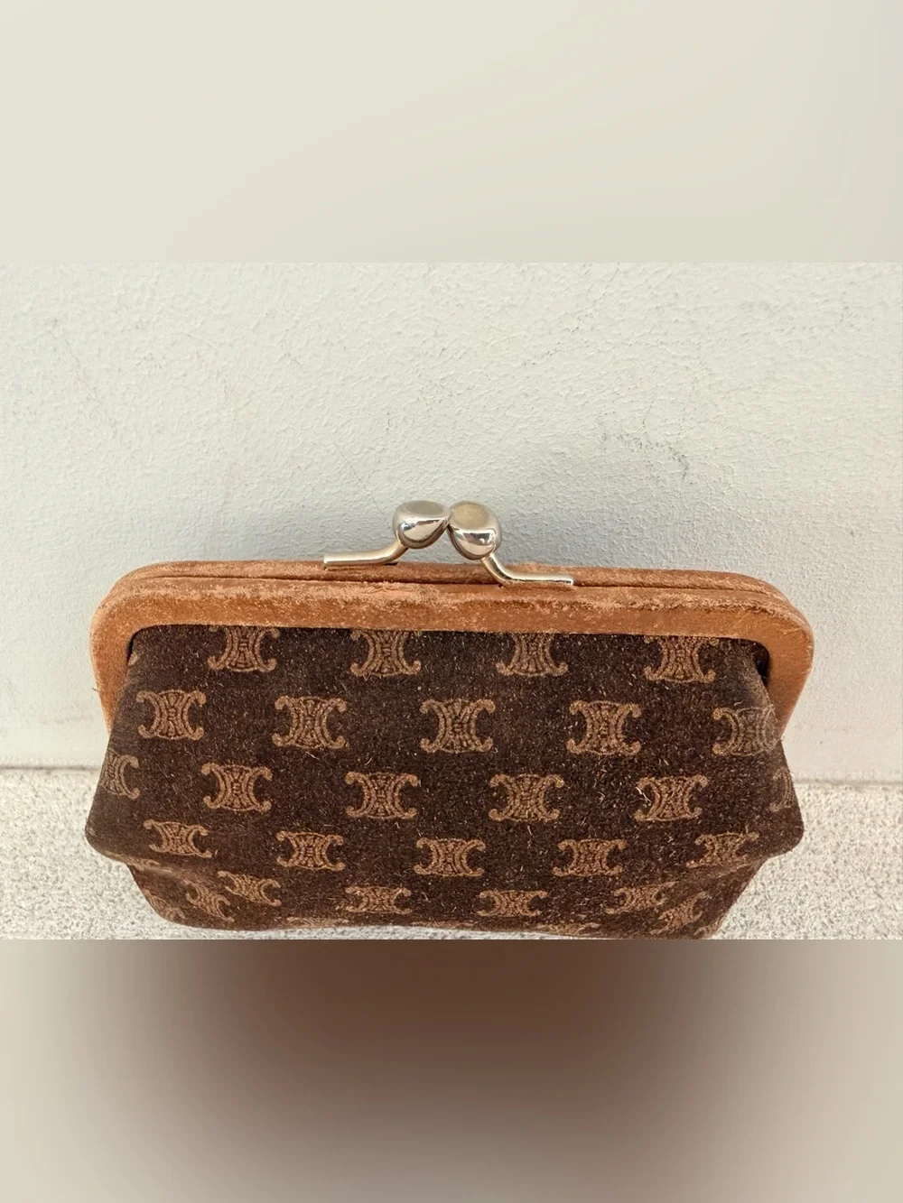 CELINE Rare Vintage C Macadam Suede Padded Kiss Lock Coin Purse